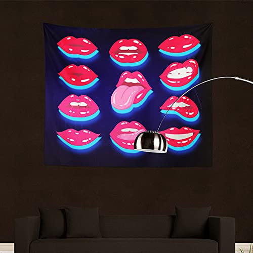 Tapisserie lumière noire déco salon lumineuse et tenture fluorescente lèvres rouges