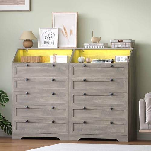 Image of Wodeer Grey Dresser Tall 5 Drawer Dresser for Bedroom, Wood Chest of Drawers with LED Lights, Charging Station, Metal Handles, Modern Storage Cabinet and Organizer Drawers for Living Room, Hallway