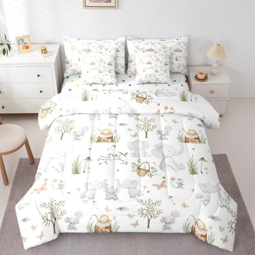 Erosebridal Kids Elephant Twin 7 Piece Comforter Set for Boys Girls Nursery Cute Cartoon Animals Bedding Set Woodland Snails Wildlife Comforter Elephant Family Stump Butterfly Trees Flat Fitted Sheet