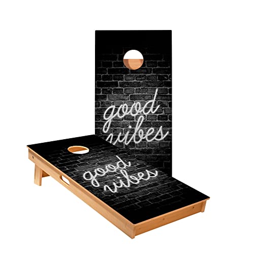 Skip's Garage Good Vibes Cornhole Boards - Includes (2) Boards (Resin Bags) + (1) Carry Case, (2) Hole Lights & (2) Edge Lights