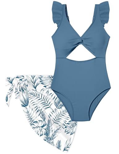 Girls One Piece Swimsuit Cut Out Ruffle Bathing Suit Twist V Neck Swimwear Solid Color with Cover Up Skirt 7-18T