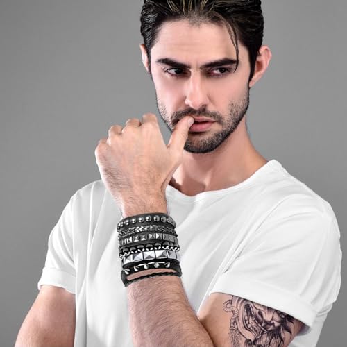 4 Pcs Punk Rock Leather Studded Bracelets for Men Women 80s Gothic Spike Cuff Bracelet Set Emo Accessories for Rocker Outfits2