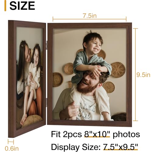 decorUhome Double 8x10 Picture Frame Vertical, Engineered Wood Bifold Photo Frame with Plexiglass for Tabletop Display, 8x10, Brown