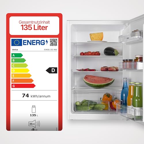 Amica Einbau‑Vollraum‑Kühlschrank Schlepptür‑Technik 880 mm Nische elektronische Steuerung Inverter‑Motor LED Beleuchtung 87,1 x 54 x 54 cm – Einbaukühlschrank