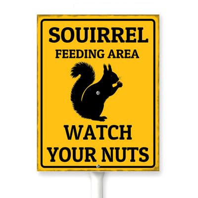 Horienteeon Squirrels Feeding Area,Watch Your Nuts Yard Sign With Stake Neighborhood Aluminum Outdoor Lawn Roads Street Business Porch Farmhouse Ranch Farm Courtyard 7x8.8"