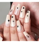 GLAMERMAID Long Press on Nails Coffin,Nude French Tips False Nails with Star Design,24 Pcs Glue o...