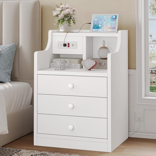 Tiptiper Nightstand with Charging Station, Night Stand with 3 Storage Drawers, Bedside Table with Hutch, Modern End Side Table for Bedroom,White