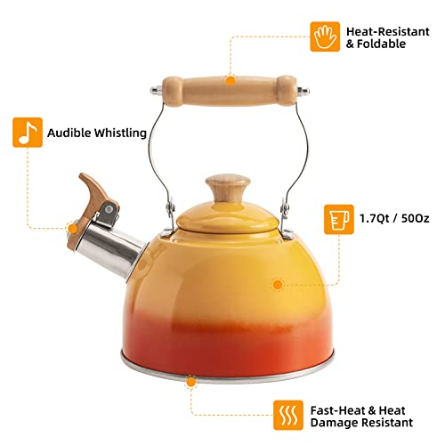Rockurwok Whistling Tea Kettles, 1.6 Qt/50 Oz, Small Tea Kettle, Universal Base For Induction, Gas, Electric, Halogen, Radiant, Wooden Handle For Cool Touch,Gradient Orange #TOP2