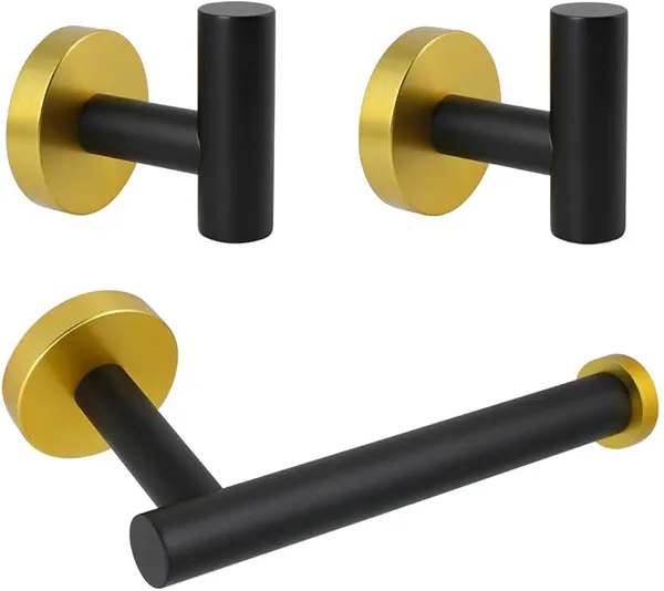 kimzcn 3-Pieces Bathroom Accessories Set Black & Gold Wall Mounted - Includes Toilet Paper Holder, 2X Robe Towel Hooks