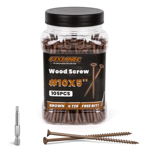 Image of Wood Screws 5 Inch, FIXLINK Deck Screws #10 x 5, 105 PCS, Epoxy Coated, T25 Star Bit Above 1500 Hour Salt Spray Coating Outdoor Decking Screws Excellent Rust Resistant for Wood Fence, Brown