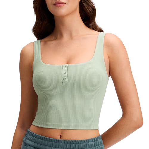 Image of CRZ YOGA Ribbed Henley Crop Tank Tops | Medium Support, Removable Pads, Casual, Square Back, Wide Straps, Longline Sports Bras for Women