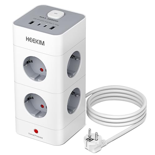 Torre Regletas Enchufes, Regleta USB 8 Tomas de AC con 2 USB-A y 2 USB-C Enchufe Multiple 3680W/16A, Regleta Enchufes 2M Regreltas Vertical con Interruptor para Oficia Casa, Negro (2M)
