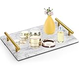 DEAYOU Decorative Tray with Gold Handles, Natural Marble Stone Tray, 12' Nightstand Serving Tray with Metal Handle, Perfume Tray Pastry Food Board for Bathroom, Vanity, Coffee Table, Desk, White