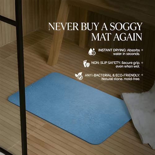 Image of Stone Bath Mat | Diatomaceous Earth Non-Slip Quick Drying Bathroom Floor Mat | Super Absorbent Bathtub & Shower Mat | Odor Free, Safe & Clean for Bathroom & Kitchen (Blue, 29.5 x 39.5 cm)