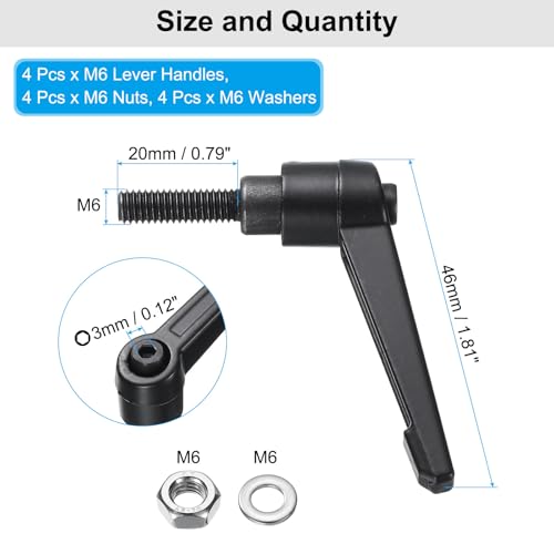 Image of uxcell 4pcs Lever Adjustable Handles M6 x 20mm Metric Male Thread with Nuts Washers, Level Clamping Handle Set Hand Stud Knobs Rotating Screw Handles Bolts with Locking Lever, Black