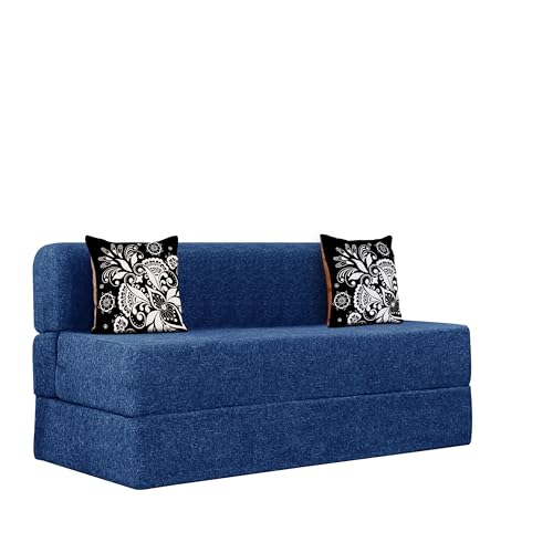 Image of Rosebell Two Seater Sofa Cum Bed 4x6 Feet with Washable Jute Fabric Cover and Cushions Ideal for Home Office Guest Room Use Blue Color