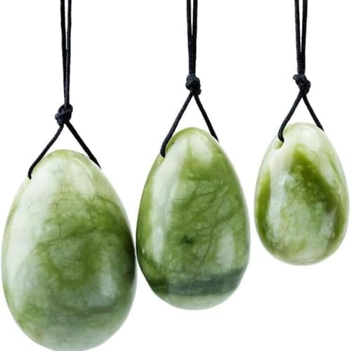 3pcs Set Jade Yo-ni Eggs Massage Stone Natural Crystal Quartz Eggs Balls for Women Body Massage P-C Muscle Training Wellness Chakra Healing Exercise Relax (Green Jade)