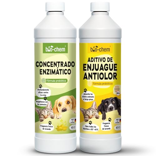 bio-chem - Set de 2 productos para el control de olores - Limpiador enzimático 1L - Aditivo para el aclarado de ropa blanca 1L - Ambientador para casa y tejidos