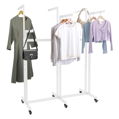 fvscgjmwp 6-Arm White Clothing Rack with Wheels - Easy Move, Adjustable for Shirts & Dresses! Perfect for Home or Store.