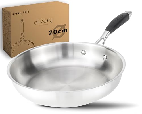 DIVORY Edelstahlpfanne 20cm – Ohne PTFE & PFOA, unbeschichtete Pfanne aus Edelstahl, Induktion geeignet, kleine Bratpfanne ohne Beschichtung, stainless steel frying pan (PURA, 20 cm)