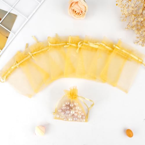 Image of Gold Organza Bags - 50 Pcs, Sheer 4 x 6 Inch Jewelry & Party Favor Bags with Drawstring, Mesh Gift Pouches for Wedding, Valentine's Day Party