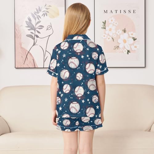Navy Cartoon Baseball Pattern Summer Satin Pajama Set, Cute Button-Down Sleepwear Pj Set for Sleep Wears4