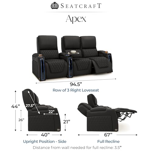 Image of Seatcraft Apex Black Italian Leather Home Theater Seating, Zero Gravity Power Recliner Chair, Powered Headrest and Lumbar Gaming and Lounge Sofa Furniture for Cinema Room, Row of 3 Right Loveseats