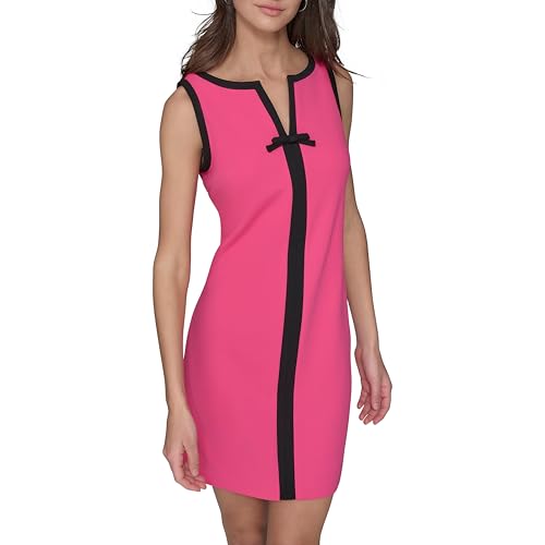 Image of Karl Lagerfeld Women's Sleeveless Split Neck Contrast Trim A-line Mini Dress with Bow Detail