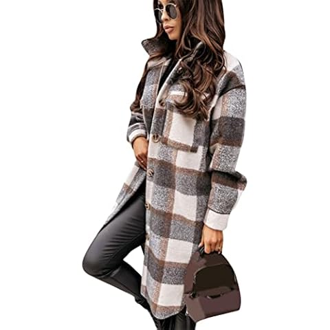 OMZIN Checkered Shirt Ladies Blouse Long Sleeve top Checked Shirt Cotton Shirt with Button Placket Winter Grey XL Cover