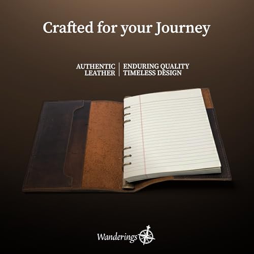Wanderings A5 Lederordner-Planer – Rustisches Nachfüllbares 6-Ring-Journal – Handgefertigter Organizer Aus Echtem Leder – Kompatibel Mit Filofax, 100 Blätter, 200 Liniert Seiten – 6 x 8.5/22 x 15 cm