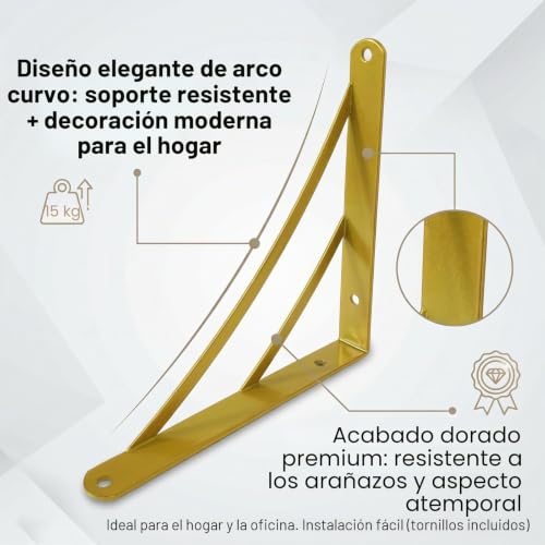 Soportes de estante dorados de 200 mm con diseño triangular moderno para pared pack de 2 6