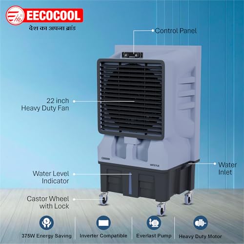 Image of EECOCOOL Santoz Plus 100 L Air Cooler | Powerful Cooling For Large Spaces | 4-Way Air Deflection, Everlast Pump, Heavy-Duty Build & Inverter Compatible | Energy-Saving With High Air Delivery,Black