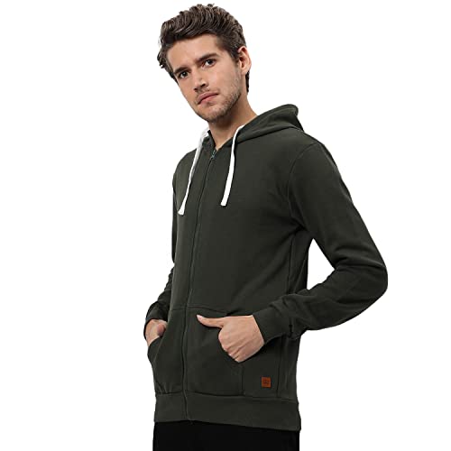 Image of CAHOOT Men's Dark Blue Zip-Front Hoodie with Contrast Drawstring for Casual Wear | Long Sleeve | Hooded Neck | Zipper Closure | Cotton Sweatshirt Crafted with Comfort Fit for Everyday Wear