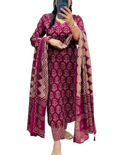 Image of Rangnavi Women's Cotton Trending Straight Kurta with Pants and Dupatta Set | Ethnic Set (Teal)