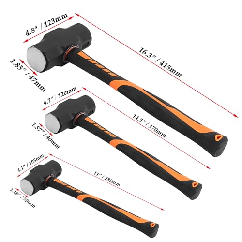 Image of JOIKIT 3 PCS 2lbs 3lbs 4lbs Sledge Hammer Set, Drilling Crack Hammer with Forged Steel Head and Non-Slip Shock Absorbing Grip, Solid Construction for Demolition Work