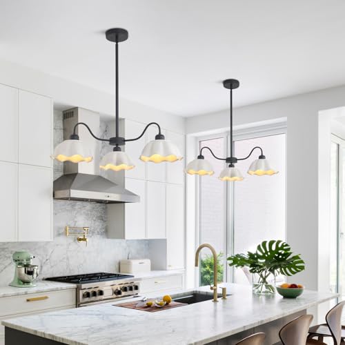 Image of 3 Light Mid Century Chandelier Fixture with White Ceramic Shade Contemporary Black Ceiling Pendant Light Semi Flush Mount Chandelier for Kitchens Living Room
