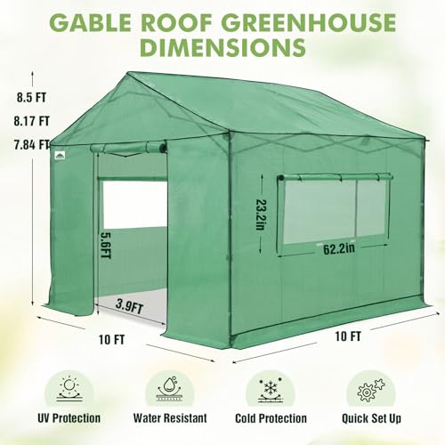 Image of EAGLE PEAK 10x10 Pop Up Walk in Greenhouse, Support Pole, Gable Roof, Green