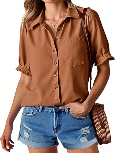 Cicy Bell Womens Puff Short Sleeve Button Down Shirts Summer Casual Collared V Neck Blouse Linen Loose Fit Work Tops2