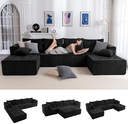 MAXYOYO 129.5" Modular Sectional Sofa Couch, U Shaped Modern Cloud Couch with 2 Ottomans, Sofa in A Box, Tufted 6-Seat Boneless Sleeper Chair for Living Room, No Assembly Required, Black - Thumbnail 2