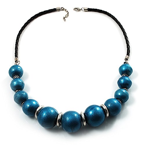 Preisvergleich Produktbild Halskette glitzernd Perlen Holz blau grün Kordel Leder