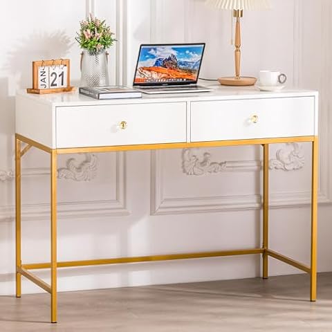 Bumblr 35" White Vanity Desk with Drawers, Computer Desk with Gold Leg, Makeup Dresssing Table for Bedroom, Home Office, Dressing Room, Study, Living Room, White and Gold Cover