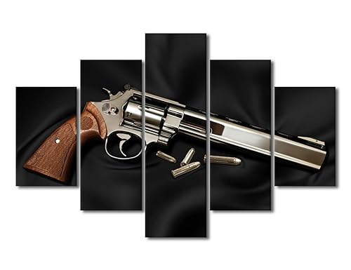 Toile murale arme de poing grand format 5 panneaux déco salon style industriel