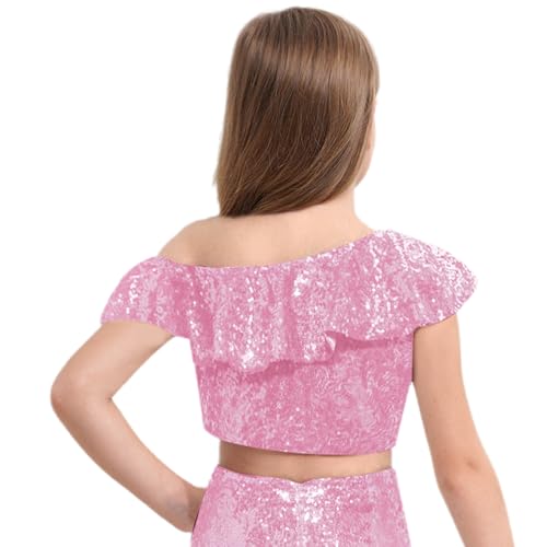 Girls One Shoulder Sequins Vest Sparkly Glitter Tank Crop Top Kids Performance Dance Cami4