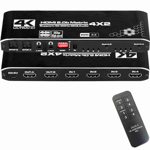 Wizon 4K@60Hz HDMI Matrix Switch 4X2 with ARC, 4 in 2 Out Matrix HDMI Video Switcher Splitter + Optical & 3.5mm Stereo Audio, Scaler 4K 1080P Synch, HDM I Audio Extractor with IR Remote Control