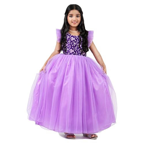 Image of Stanwells Kids Dress for Girls Embroiderd Full Length Frock for Baby Girls Flower Gown Ruffle Pattern Back Zipper Beautiful Sleeveless Birthday Dress for Girls Coral (1-9 Years)