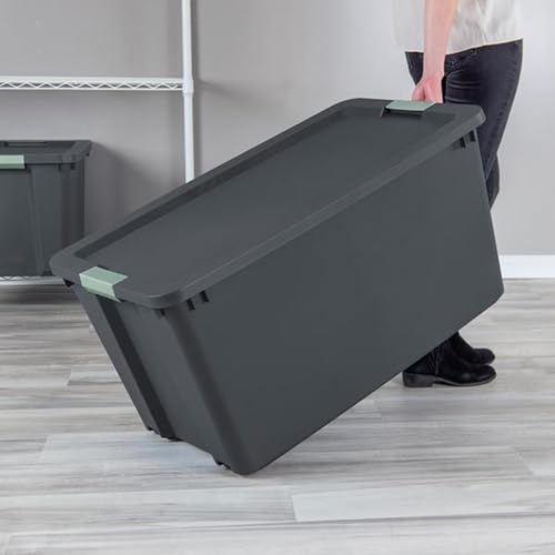 Image of Sterilite 4-Pack Latch Tote, Stackable Plastic Storage Bin Containers, 45 Gal, Gray /Green - Large Organizer Boxes with Lids and Wheels for Closet, Bedroom, Tool, and Laundry Organization