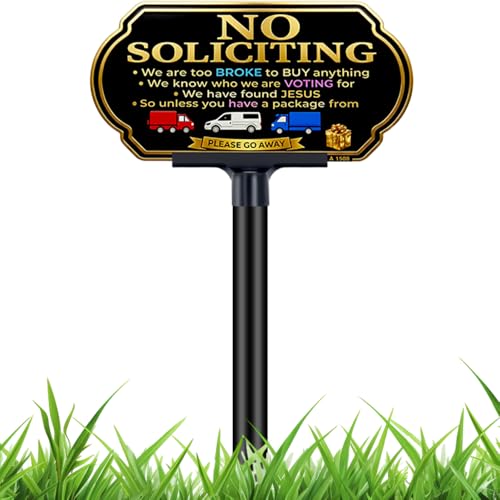 Image of Funny No Soliciting Sign for House with Adjustable 37 inch Stake,Weatherproof Silication Sign for Yard and Front door, 10x5 inch Rust-Free Aluminum, UV Protected for Housewarming Gift