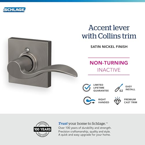 Image of Schlage Accent Lever with Collins Trim Non-Turning Lock in Satin Nickel - Right Handed - F170 ACC 619 COL RH
