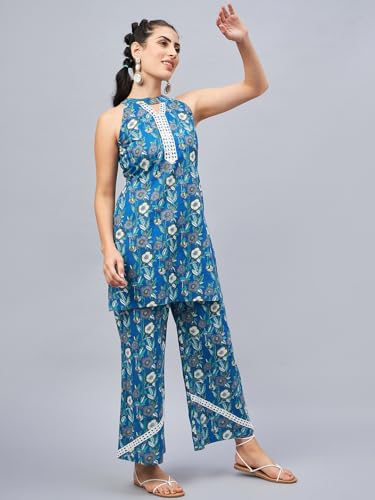 Image of Women's Floral Printed Kurti and Palazzo Set | Sleeveless Ethnic Co-Ord Set