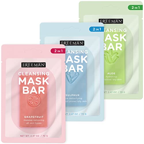 Freeman Facial Mask Bar Bundle for Pore Cleansing, Hydrating & Makeup Removal, Infused with Sulphur, Aloe, Grapefruit & Kaolin Clay, Assorted, 3 Count